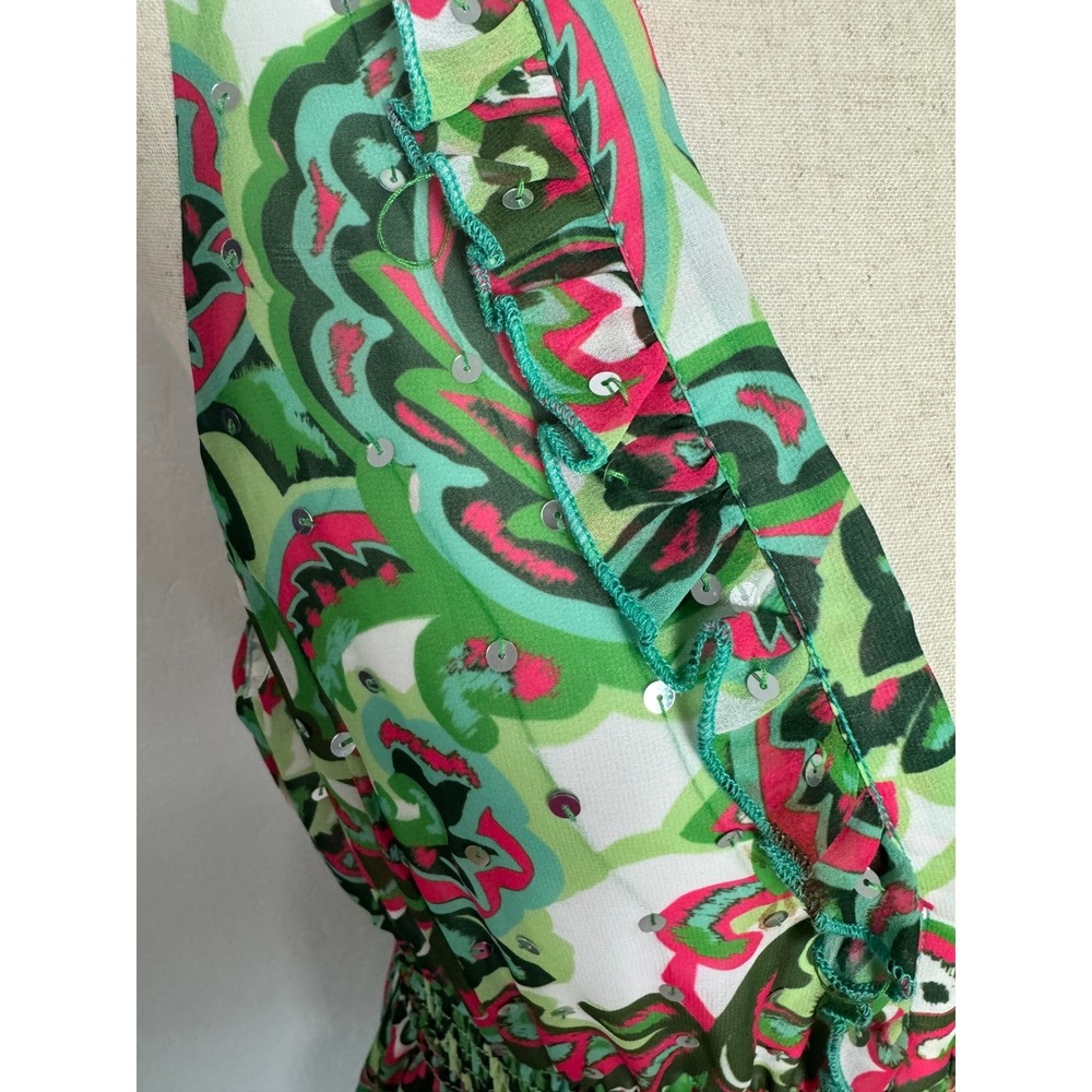 Boston Proper Palma de Scrolls Print Ruffle Maxi Dress Green Pink Sequin Size M - Picture 8 of 13